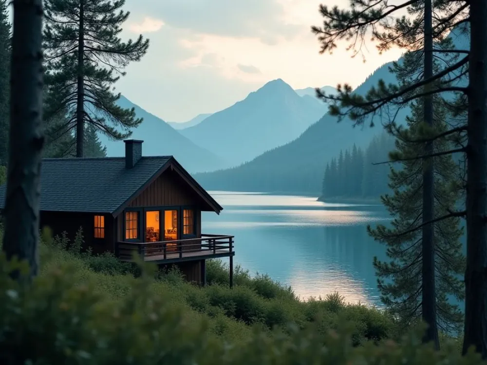 A cabin on the edge of a lake.