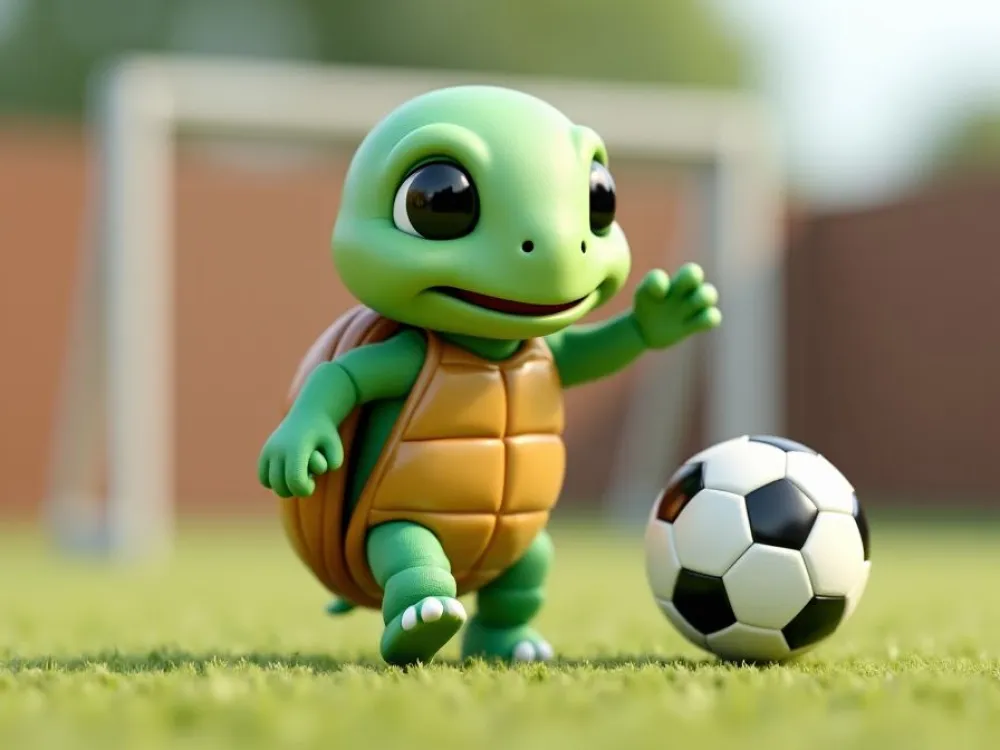 A toy turtle with a football ball.