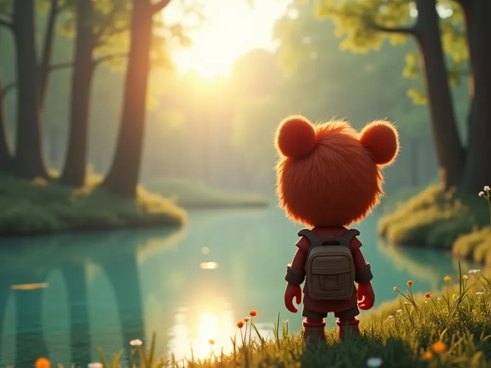 A cartoon character standing on grass by a river.