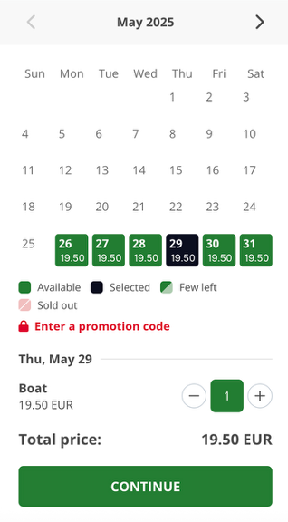 iticket booking flow decimal calendar display