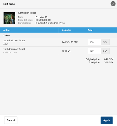 iTicket bookingflow SalesAgent edit price modal